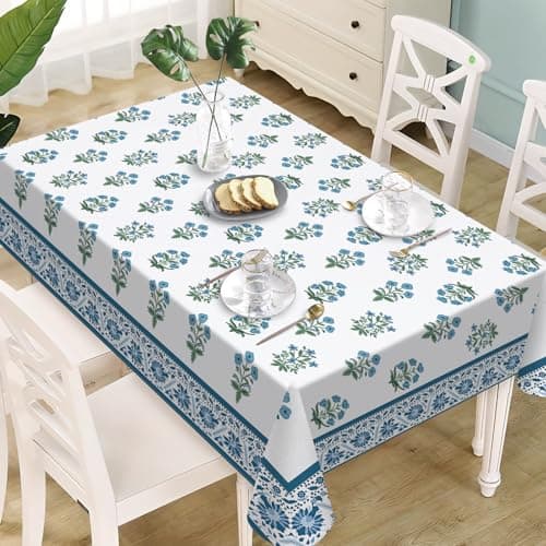 Livcoz Vintage Floral Rectangle Tablecloth 60 x 84 Inches, Retro Blue Flower Botanical Pastoral Decorative Dining Table Cloth, Spring Summer Dinner Tablecover Picnic Party Decoration