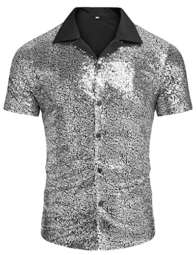 AstoSeu Men's Sequin Dress Shirt 70s Disco Costume Sparkle Party Short Sleeve Button Down Shirts Silver S