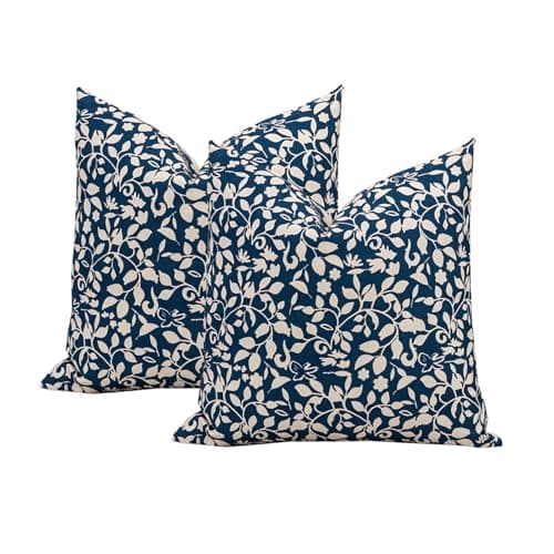 Vfuty Set of 2 Floral Print Pillow Covers 18x18 - Farmhouse Boho Navy Blue Cotton Cushion Cases for Sofa, Bed, Living Room Rusitc Home Decor