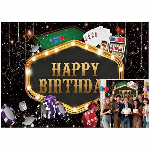 Las Vegas Casino Happy Birthday Backdrop Black Gold Sparkle Photography Background Poker Slot Machine Banner for Adult Party Decorations Photo Booth Props Supplies 7x5ft