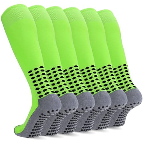 Regilt 3 Pairs Kids Youth Grip Soccer Socks, Non Slip Knee High Soccer Football Sport Socks for Boys Girls Age 8-17 (US, Alpha, Large, Regular, Regular, Neon Green)