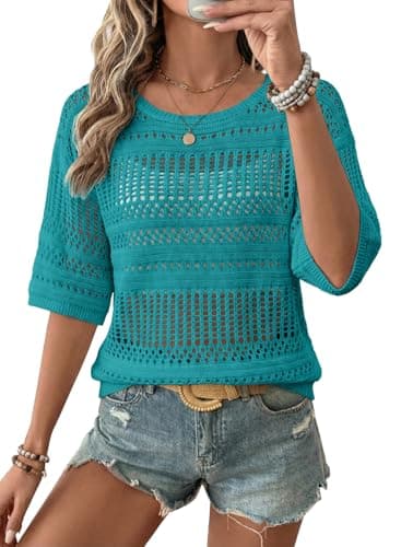 EVALESS Womens Summer Hollow Out Crochet Tops Sweaters 2026 Fashion Trendy Casual Half Sleeve Resort Wear Cruise Outfits Beach Vacation Clothes,Lapis Large