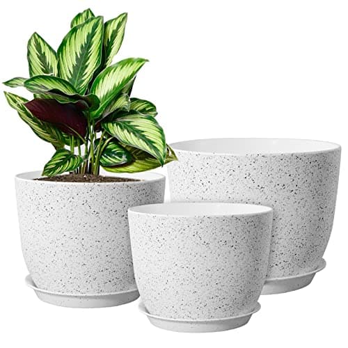 WOUSIWER Plant Pots 10/9/8 inch, Set of 3 Modern Decorative Plastic Planters with Drainage Holes and Saucers for House Plants Indoor Flowers Plants, White Speckles