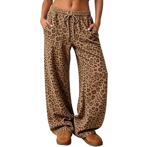 moolBeko Leopard Print Pants for Women Cotton Low Rise Baggy Barrel Pants