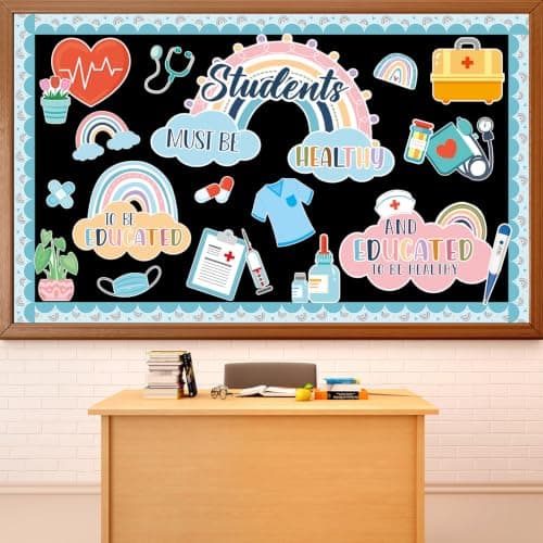 Boho Health Bulletin Board Set Healthcare Workers Nurses Classroom Decor Medical RN Paper Cutouts Blue Rainbow Health Cutouts for Doctor Appreciation Week Hospital Nursing School Wall Door Supplies