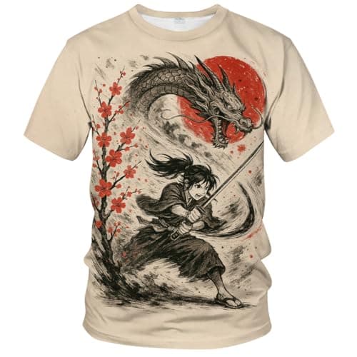 QTAGTESS Samurai Anime T-Shirt for Men Manga Art Japanese Warrior Graphic Tee Shirt,Brown Red,4XL