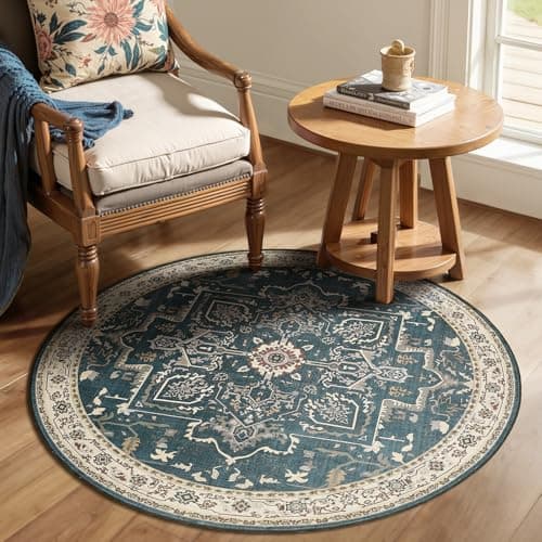 Jainmy Blue Small Round Washable Rug 4ft Entryway, Kitchen Bathroom Thin Circle Rug 4 Feet Non Slip, Transitional Vintage Medallion 4x4 Round Carpet for Small Living Room/Dining Room/Bedroom