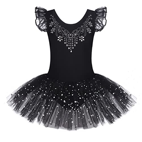 Zaclotre Kid Girls Ruffle Sleeve Ballet Skirted Leotard Shiny Dance Tutu Dresses Black 3-4 Years