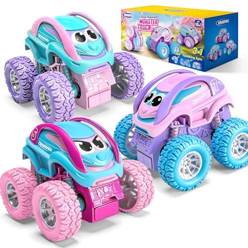 Vroomix JOVA 3 Pack Monster Truck Toys for Kids Girls, Friction Powered Pull Back Car Toys with Crash, Flip & Bouncing for Girls Age 18 Month and Up, Kids Girl Toys Birthday Gifts