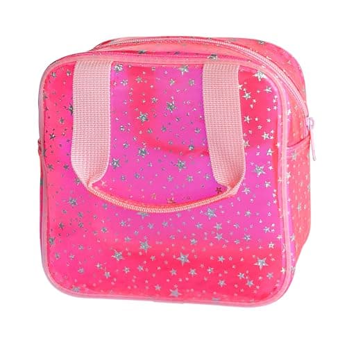 ONEART Pink Star Pattern PVC Cosmetic Bag 7.09x3.15x7.09'', Waterproof clear makeup bags with zipper and handle, Travel large plastic cosmetic bag for Daily & Travel Use