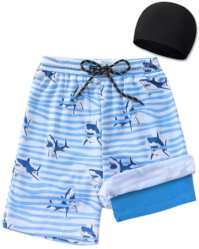 Sewetier Toddler Swim Shorts Boys Bathing Suit with Compression Liner 7Y Boy Swimsuit(Stripes)