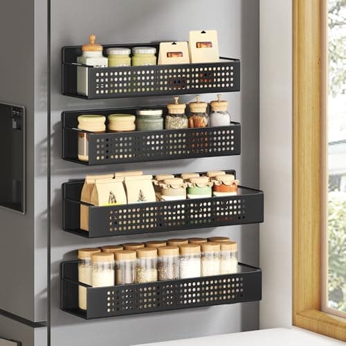 SONGMICS Strong 4 Pack Magnetic Spice Rack for Refrigerator, Kichen Magnetic Shelves for Microwave, Washing Machine, Spice Organizers, No Drilling Needed, Ink Black UKCS061B01
