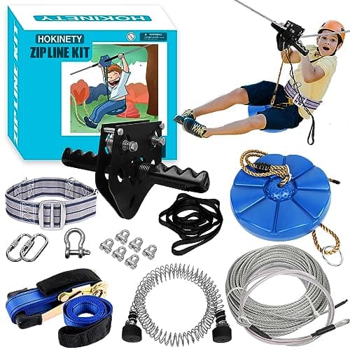 HOKINETY Zip Line Kit for Kids Adults : Up to 450Lbs 150FT Zipline for Backyard Outdoor with 100% Rust Proof Removable Trolley Swing Seat Safety Harness Spring Brake