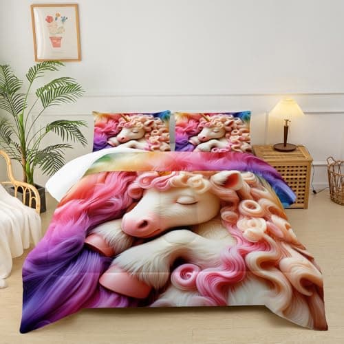 lneffble Pink Unicorn Comforter Set Twin for Girls，Rainbow Unicorn Twin Bedding Set，Pink Unicorn Room Decor for Girls Bedroom with 1 Comforter with 2 Pillow Case
