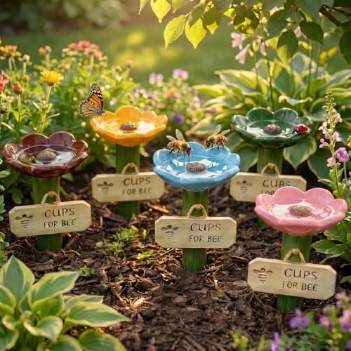 5-Pack Bee Watering Station Flower-Shaped Feeders with 5 Steel Stakes, Colorful Resin Insect Drinking Cups for Garden, Patio, Yard Decor, Outdoor Garden Accessories for Bees & Butterflies(5 Color)