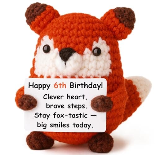 WEYON 6 Year Old Girl Birthday Gift Ideas – Mini Crochet Fox Plush with 6th Birthday Card Decoration, Fox-Tastic Pun, Kawaii Room Locker Decor,Unique Happy 6th Decoration Presents,Cute Present