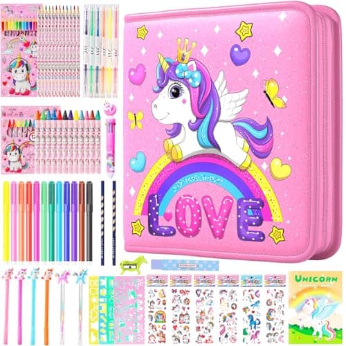 DOKKIA Fruit Scented Coloring Pens Markers Set 65 PCS Art Craft Drawing Case - Washable Kits Pencil,Gel Pen,Crayon&Coloring Book Supplies Unicorn Rainbow Pink