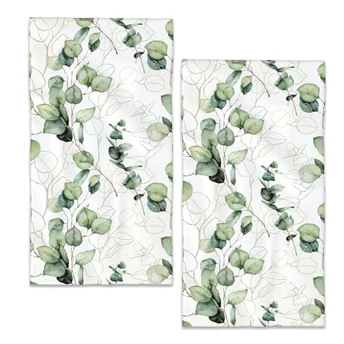 BIGXIUKA Eucalyptus Leaves Bathroom Hand Towels, Golden Green Lines Bath Hand Towel for Decorative Fingertip Towels Set of 2 for Farmhouse Gym Kitchen Hotel Yoga Gifts