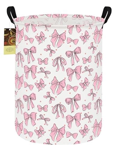 HUNRUNG Round Fabric Collapsible Storage Basket with Handles, Pink Bow