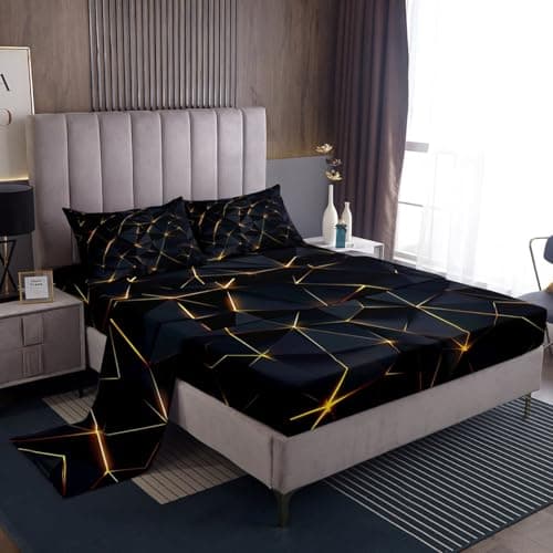 Feelyou Honeycomb Sheet Set Full Size,Geometric Stereoscopic Theme Teens Boys Bedding Set,Adults Bedroom Decoration 3D Black Gold Print Fitted Sheet All Season