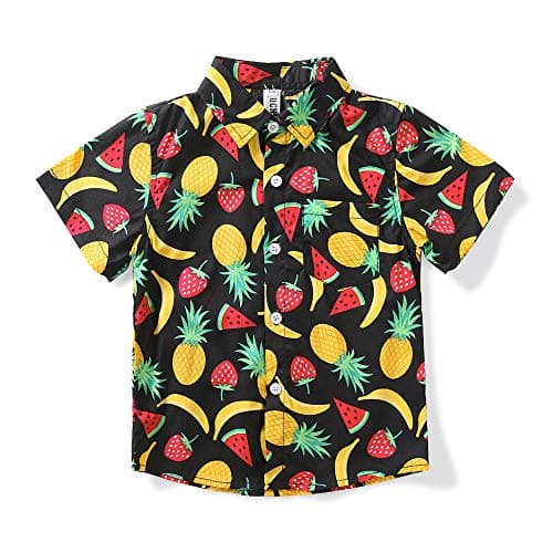 OCHENTA Boys Hawaiian Shirt Tropical Button Down Short Sleeve Fruit Summer Tropical Tops A Black 180-13-14 Years