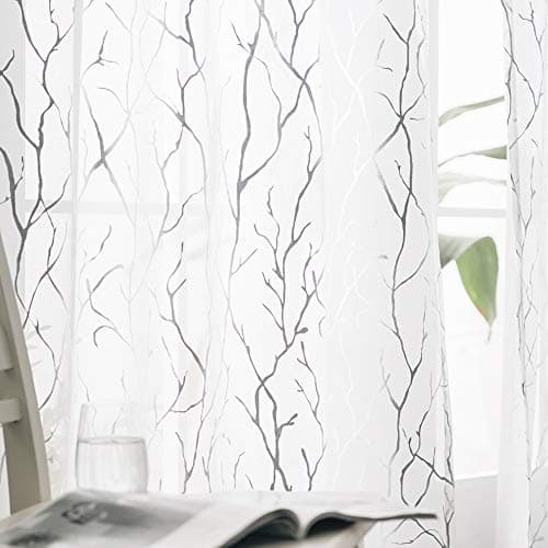 Extra Long White Sheer Curtains with Silver Branch 52x108 Inch, 2 Panels