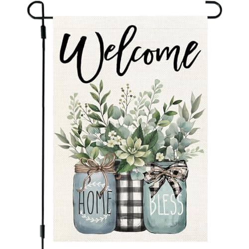 CROWNED BEAUTY Spring Garden Flag Eucalyptus Mason Jar 12x18 Inch Double Sided Small Seasonal Farmhouse Floral Holiday Decoration for Outdoor Lawn Yard