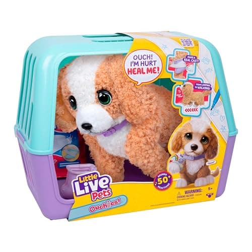 Little Live Pets Ouchies Amazon Exclusive Hazel The Poodle Plush, 50+ Sounds, Limping to Walking Puppy Toy & Carrier, Interactive Puppy Toy for Kids 5+
