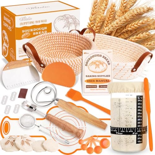 Sourdough Starter Kit, Sourdough Bread Baking Supplies, Sour Dough Starter Kits, Woven Bread Proofing Basket, Sourdough Kit Jar Sour Dough Bread Making Tools Kit Accessories, Gifts for Women Mom Wife