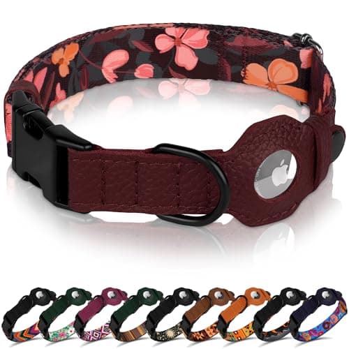 AirTag Dog Collar with Metal Buckle - Printed Nylon Soft Leather Dog Collar with Apple AirTag Holder - Secure Tracking GPS Pet Collars for Girl Boy Small Large Dogs (S, 12"-15" Neck Fit, Crossandra)