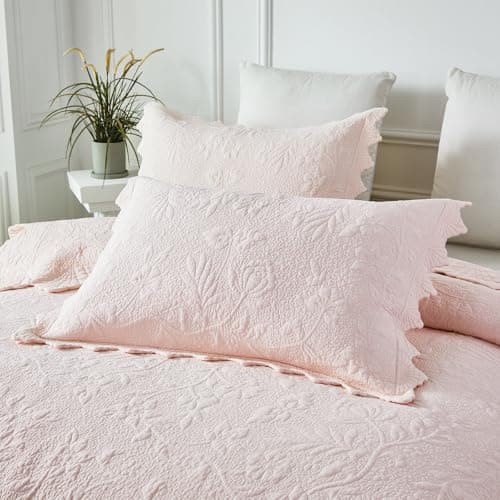 Brandream Standard Size Quilted Pillow Shams Cotton Set of 2 Light Pink Farmhouse Scallop Edge Decorative Pillow Covers