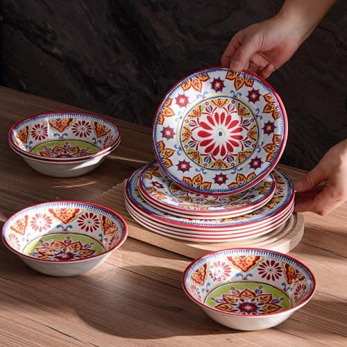 Premium Melamine Dinnerware Sets for 4, 12-Piece Plates and Bowls Sets, Red