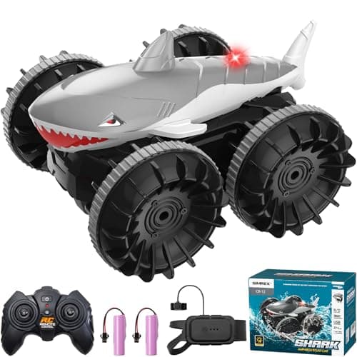 SIMREX Shark Amphibious Remote Control Car - Gift for Kids Boys Girls, 4WD Waterproof RC Car, 360° Stunt, Dual Remote Control, 50m Long Range, 2 Rechargeable Batteries (Silver)