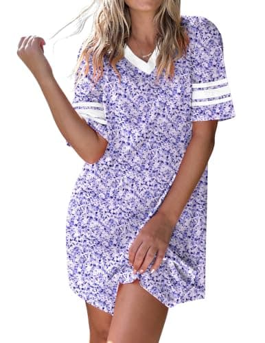 Ekouaer Nightgowns for Women Cotton Night Gown Short Sleeve Sleepwear V Neck Color Block Sleep Shirts Ladies Night Shirts