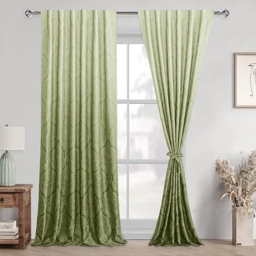 DWCN Ombre Curtains for Bedroom - Back Tab Elegant Damask Design Room Darkening Thermal Insulted Drapes with Tiebacks Light Blocking Curtains for Living Room, W52 x L90, Mustard Green, 2 Panels