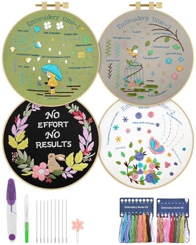 ERKOON 4 Pack Beginner Embroidery Kits for Adults DIY Starter Kit with 33 Stitch Techniques, Stamped Patterns, Embroidery Hoop, Colorful Threads, Tools, Step by Step Instructions & Video Tutorial