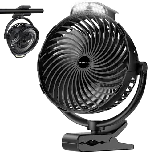 Tenvolti 10000mAh Clip on Fan, 8-Inch Golf Cart Fan Rechargeable with LED Light, 9 Speeds Strong Airflow, Ultra Quiet, 30Hrs Runtime, 360° Rotation, Cooling for Bed Camping Office Desk Dorm, Black