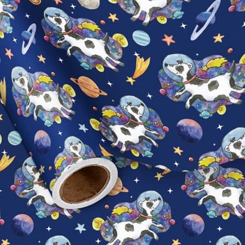 LeZakaa Space Dog Wrapping Paper Roll for Kids Boys, Cartoon Dogs in Space Suits Planets Dark Blue Gift Wrap for Dog Lovers, Birthday, Holiday, Mini Roll 17 In x 16.4 Feet