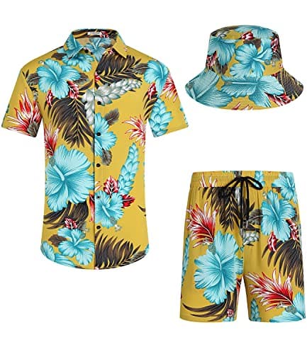 EISHOPEER Men's Flower Shirt Hawaiian Sets Casual Button Down Short Sleeve Shirt Suits with Bucket Hats Yellow XXL-Large