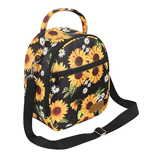 Joymee Lunch Box Insulated Lunch Bag Women Men Reusable Cooler Bag Adult Cute Lunch Tote Bags with Front Zipper Pocket,Adjustable Shoulder Strap for Work Office Picnic Travel, Sunflower Black