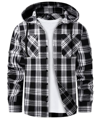 Mens Hooded Flannel Shirts Long Sleeve Hoodie Shirt for Men Casual Plaid Button Down Jacket Shirts with Pocket Black Grey