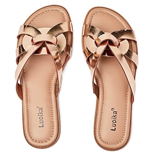 Luoika Women's Wide Width Flat Slides Sandals. 902,GD,10
