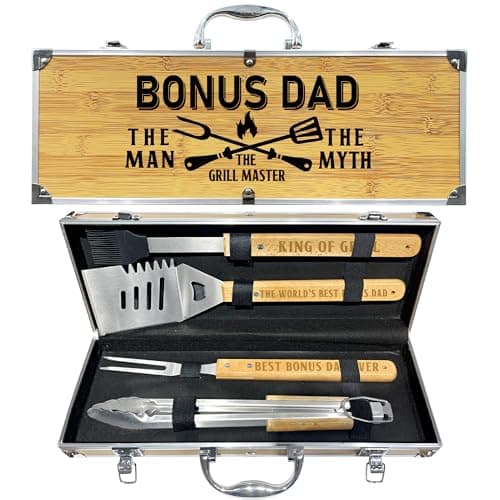 Bonus Dad Gifts from Bonus Daughter Fathers Day, Heavy Duty Wooden BBQ Grilling Accessories Kit for Backyard, Thick Stainless Steel Grill Utensils with Non-Slip Handle Tools in Portable Bag