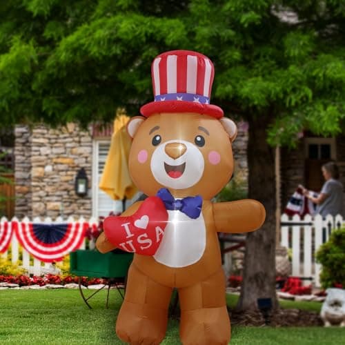 Patriotic Inflatable Bear Independence Day 4th of July Patriotic Bear Holds Heart Blow Up Holidays Party Decor Lighted Decoration