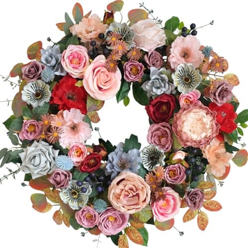 Egolot 22 Inches Spring Summer Everyday Flower Wreath for Front Door, Artificial Roses Peony Wild Flowers Wreath for Indoor Outdoor, Green Leaves Floral for Home Decor