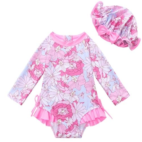 AMAWMW Infant Baby Girl Swimsuit Long Sleeve One-Piece Swimwear with Hat Rash Guard Floral Zipper Bathing Suit Beach Wear