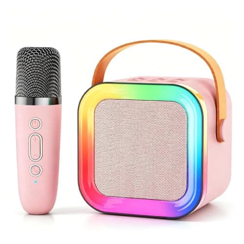 Mini Kids Karaoke Machine Ages 3-12, Wireless Mics Bluetooth Speaker, Pink