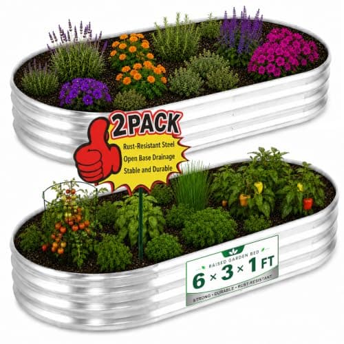HOOPLE 2 Pack Raised Garden Bed 6x3x1FT, Galvanized Metal Raised Garden Bed Outdoor, Oval Design with Open Base for Better Drainage, Easy Gardening for Vegetables, Flowers & Herbs