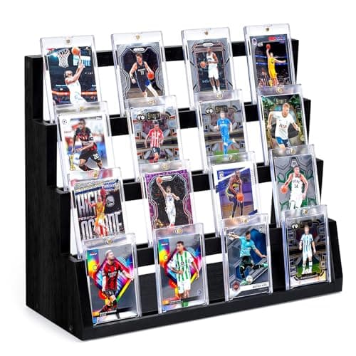 Emfogo Card Display Stand, 4-Tier Trading Card Display with Solid Base, Wooden Graded Sports Card Display, Trading Card Display Stand for Card Collection & Show (Black)
