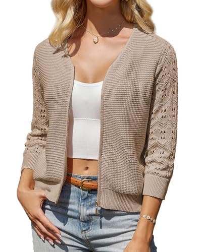 GRACE KARIN Light Weight Cardigan Women 3/4 Sleeve V Neck Cropped Cardigans Summer Zip Up Sweaters Jacket Khaki XXL